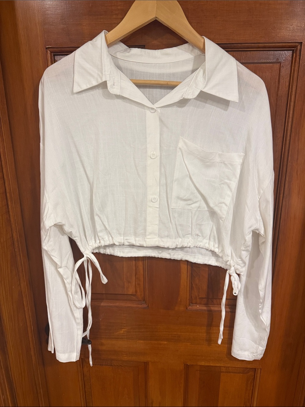 White Cropped Drawstring Button-Up Shirt